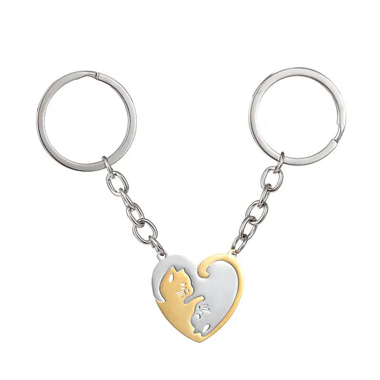 Llavero para compartir  en forma de corazón con diseño de gato