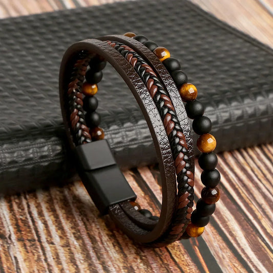 Pulsera Hombre Ecocuero Trenzado y Piedras Ojo de Tigre